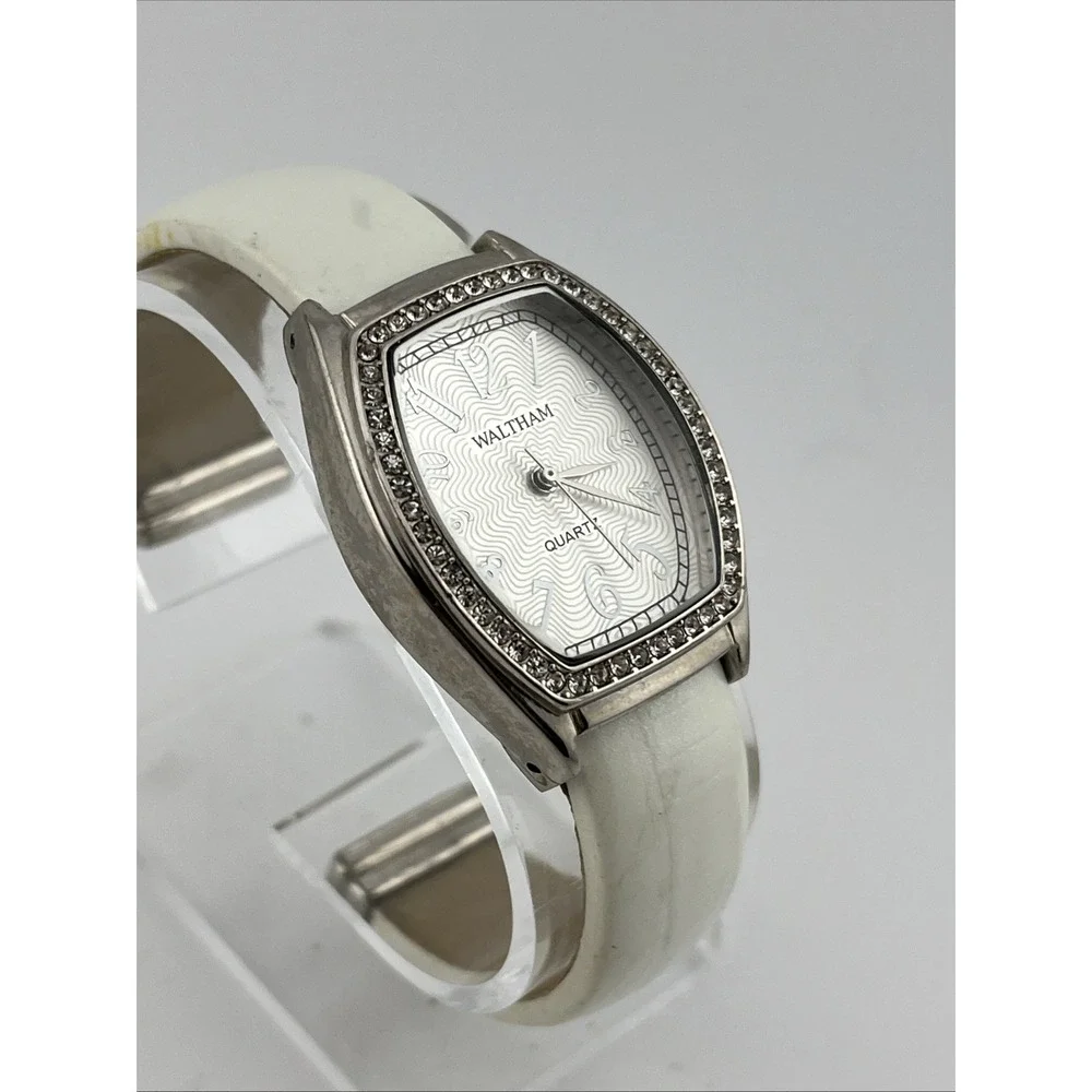 Waltham Watch Women 30mm Silver Case Crystal Bezel White Bangle Band New Battery